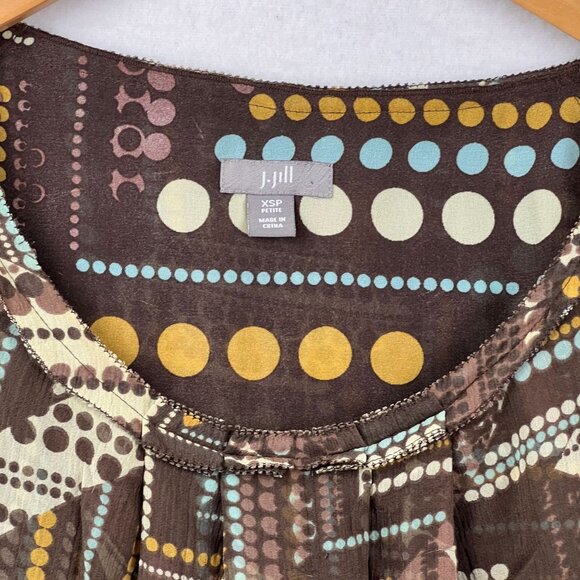 J Jill Womens Brown Silk Polka Dot Popover Blouse Size XSP Petite Short Sleeve - Picture 8 of 12